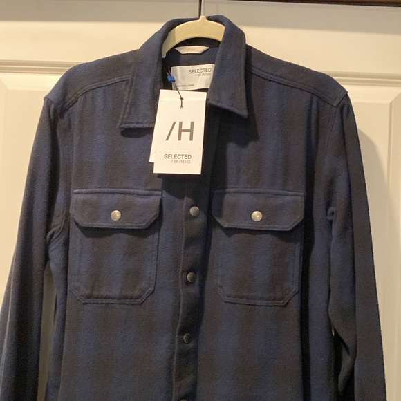 NWT Selected Homme ASOS Plaid Snap Button Blue Flannel Shirt Jacket. Size Small. - Picture 3 of 12